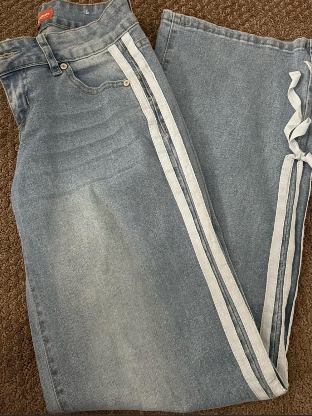 Straight Leg Light Blue Jeans with White Side Stripes